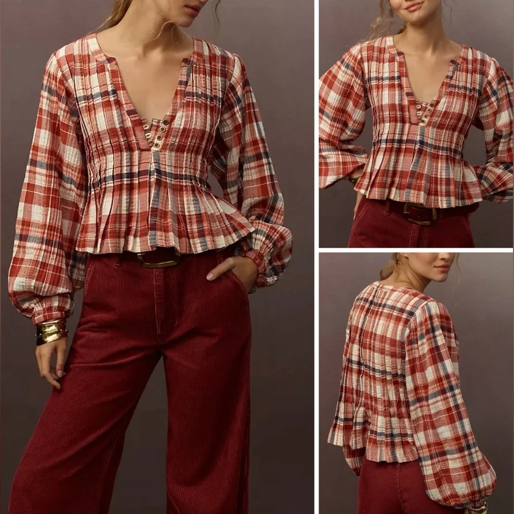 NWT Anthropologie Pilcro Long-Sleeve Pleated Swing Blouse - red motif - M, XL